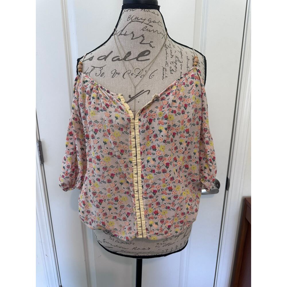 Scrapbook Women's sz M Blouse Spaghetti Strap Cutout Bubble Sleeve Floral Print
